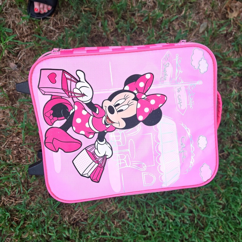 Disney Minnie Mouse Kids Rolling Suitcase Pink Striped Travel Luggage Carry On